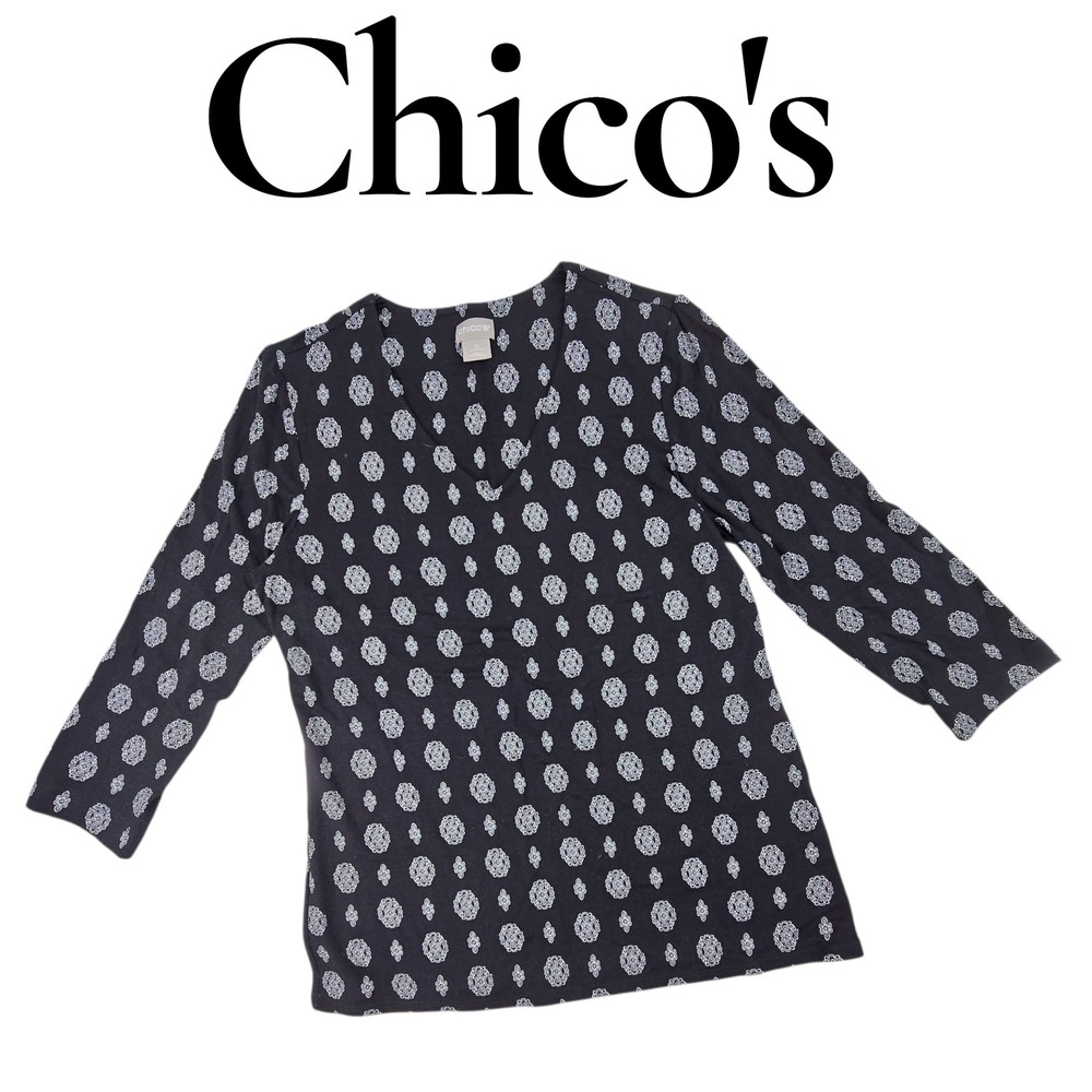 Chico's Top 0 S Black‎ Rayon Spandex Medallion 3/4 Sleeve V-Neck Classic Chic